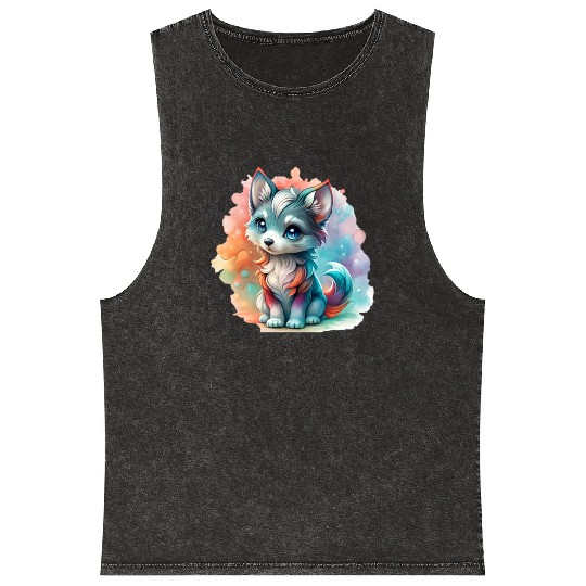 Cute Chibi Grey Wolf For Wolf Lovers Mineral Wash Tank Tops