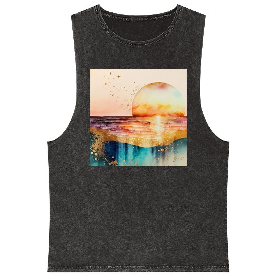 Sunset Beach Watercolor Painting Mineral Wash Tank Tops