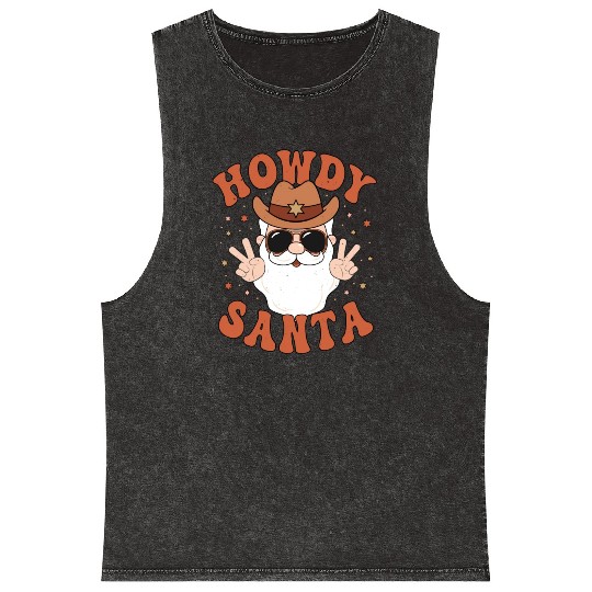 Howdy Santa Peace Christmas Western Cowboy Claus Mineral Wash Tank Tops