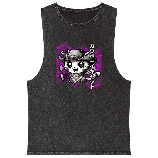 Yeehaw Meow: Manga Cowboy Cat Extravaganza Mineral Wash Tank Tops