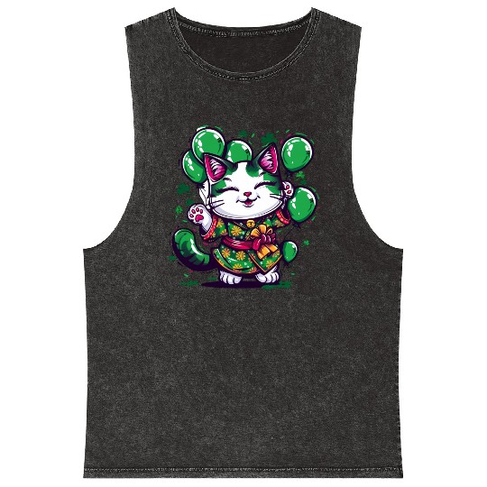Kawaii St Patricks Day Cat With Balloons Mineral Wash Tank Tops
