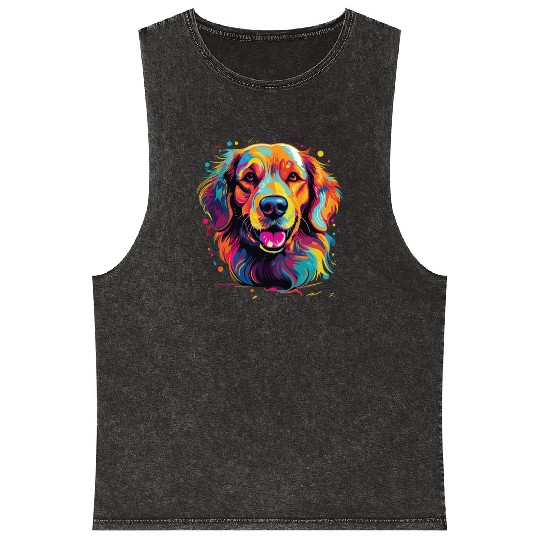 Watercolor Colorful Golden Retriever Mineral Wash Tank Tops