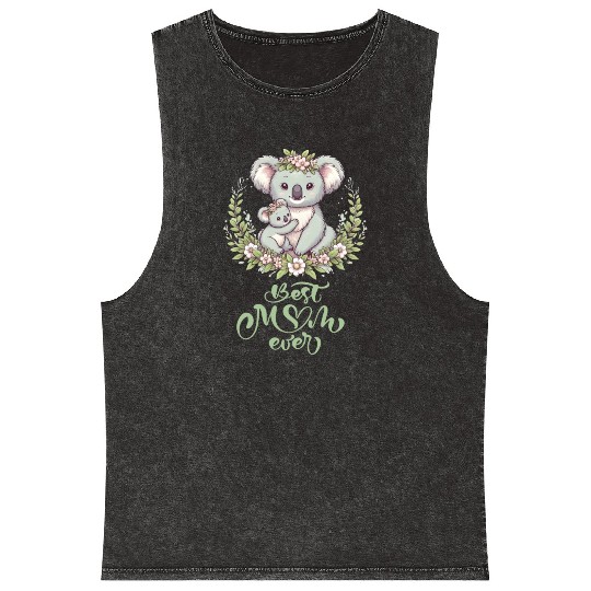 Best Mom Ever Koala Embrace Floral Wreath Mineral Wash Tank Tops