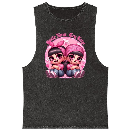 Smile Now Cry Later Drama girls Chicano Art Mineral Wash Tank Tops