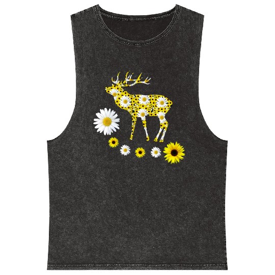 deer sunflowers daisies red deer floral pattern Mineral Wash Tank Tops