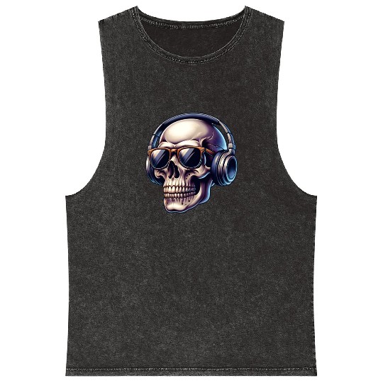 skull wearing headphone Mineral Wash Tank Tops