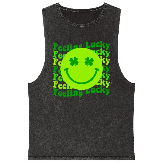 Irish Clover Feeling Lucky Smiling Face Mineral Wash Tank Tops