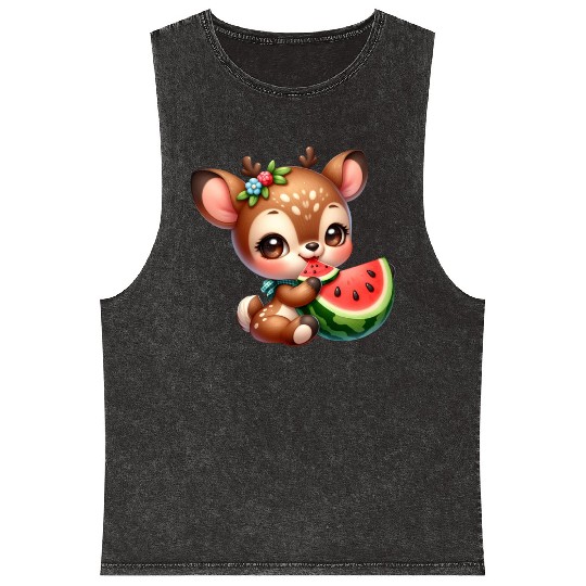 Deer Eating Watermelon Mineral Wash Tank Tops