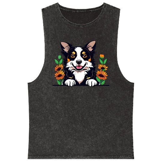 Happy Border Collie Dog With Flowers Mineral Wash Tank Tops