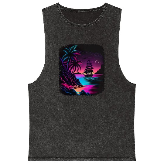 Retro Sunset Sailboat Tropical Beach For a Mineral Wash Tank Tops