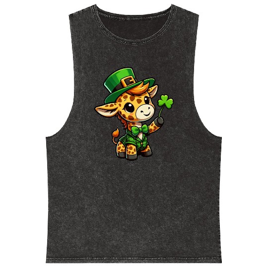 St. Patrick's Day Giraffe Cartoon Mineral Wash Tank Tops