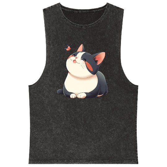 Kawaii Cat and Butterfly Mineral Wash Tank Tops