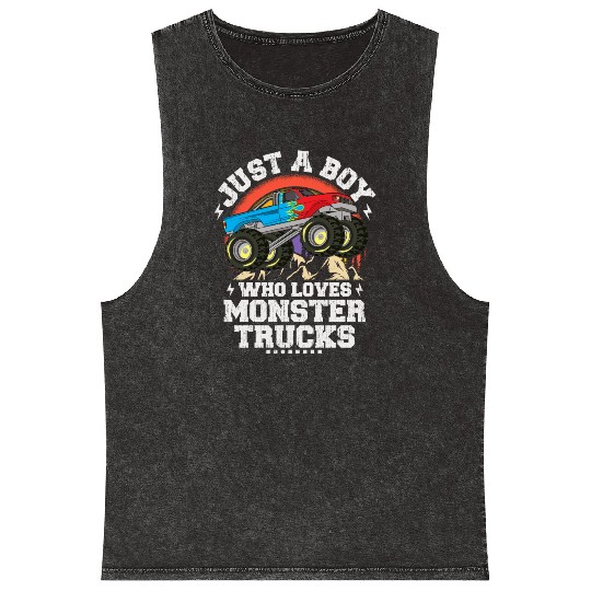 Just A Boy Who Loves Monster Trucks Toddler Kids Mineral Wash Tank Tops