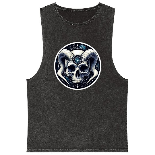 Cosmic Nirvana Serenity: Horned Skull Mineral Wash Tank Tops