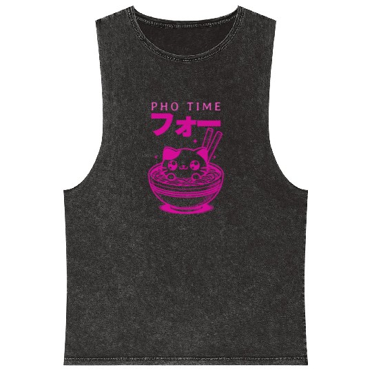 Pho Time Pink Cute Kitten in a Bowl Mineral Wash Tank Tops