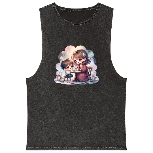 Mother and Son Enjoying a Cozy Tea Party Mineral Wash Tank Tops