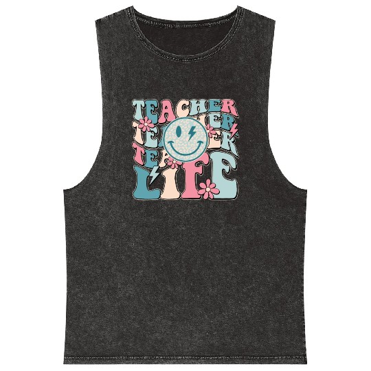 Teacher Life Happy Face Teachers Day Retro Mineral Wash Tank Tops