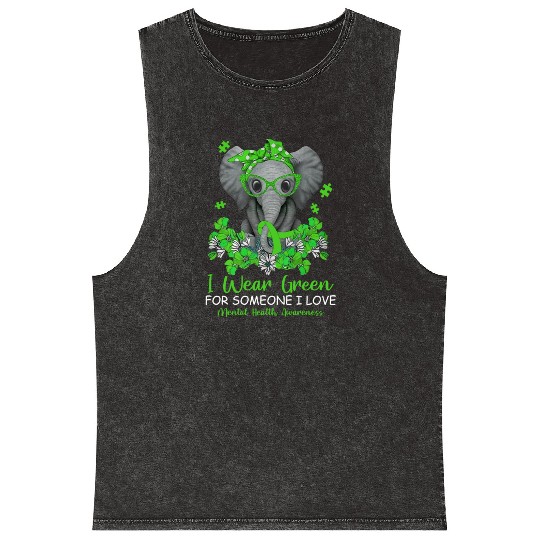 I Wear Green Cute Elephant Mental Health Awareness Mineral Wash Tank Tops