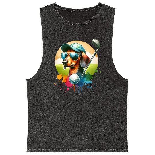 Cool Golf Player Dachshund Wiener Dog Design Mineral Wash Tank Tops