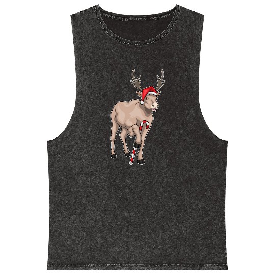 Reindeer Christmas Candy cane Mineral Wash Tank Tops