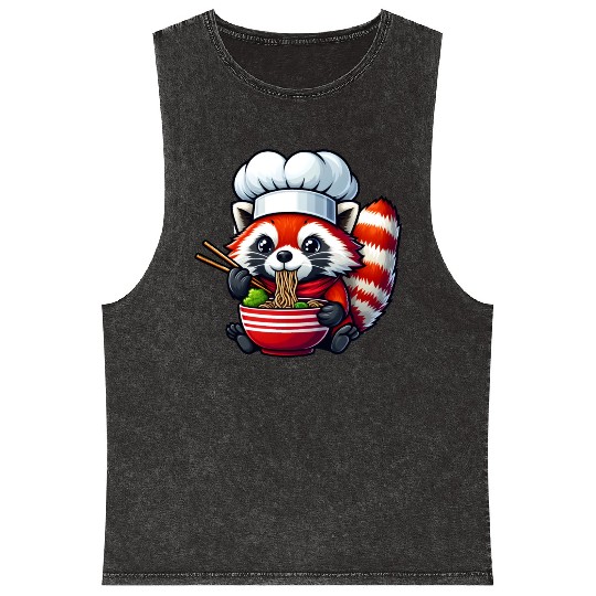 Kawaii Anime Red Racoon Eat Japanese Ramen Noodles Mineral Wash Tank Tops