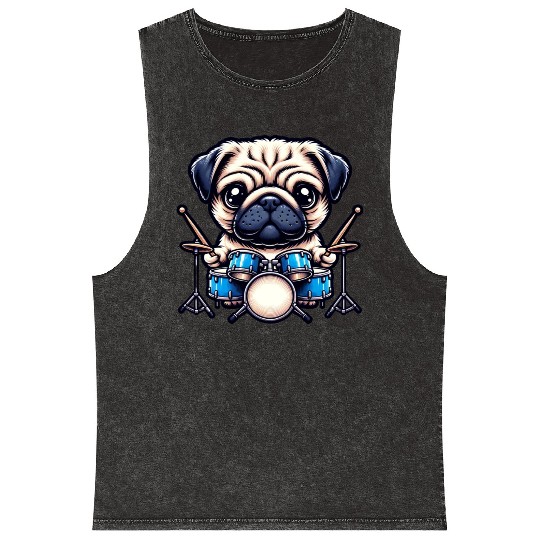 Cool Pug Drummer Puppy Beats Design Mineral Wash Tank Tops