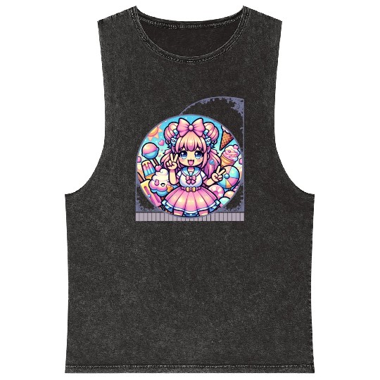 Kawaii Anime Girl's Ice Cream Paradise Sweet Mineral Wash Tank Tops