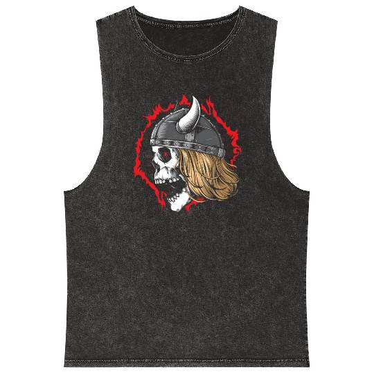 Viking Skull Warrior Wearing Helmet Mineral Wash Tank Tops