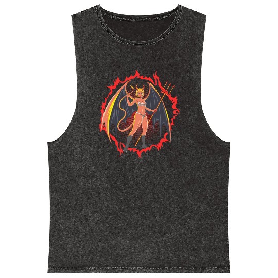 Devil Girl With Huge Wings And Pitchfork Mineral Wash Tank Tops