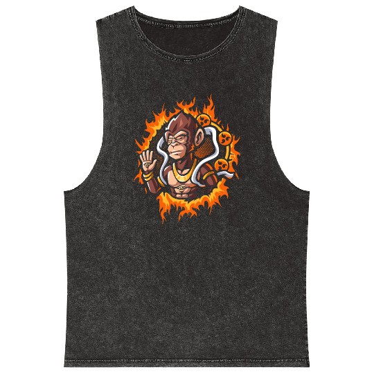Goddes Ape With Halftone Fire Background Mineral Wash Tank Tops