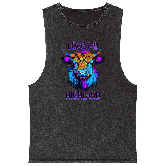 I Love My Highland | Psychedelic Cow Art Mineral Wash Tank Tops