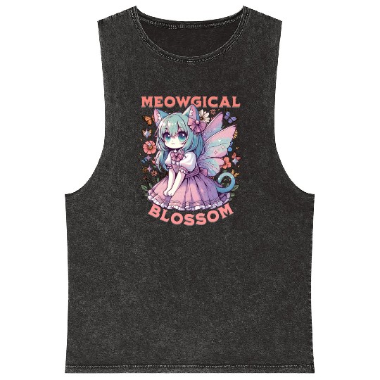 Meowgical Blossom Enchanting Fairycore Cat Fantasy Mineral Wash Tank Tops