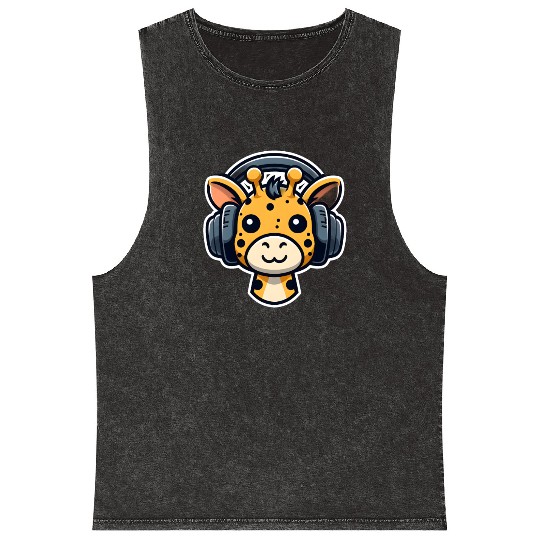 Cute Cub Giraffe Wearing Headphones Mineral Wash Tank Tops