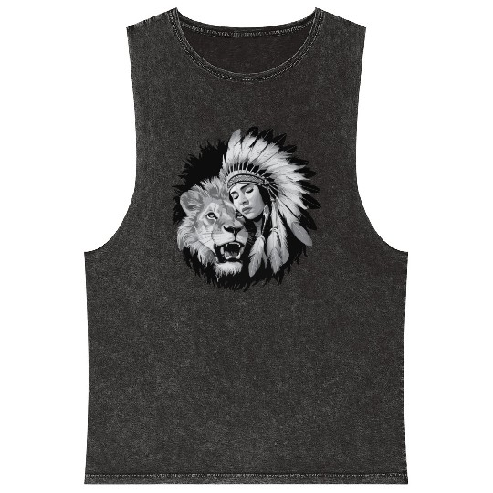Native American woman and a majestic lion Mineral Wash Tank Tops