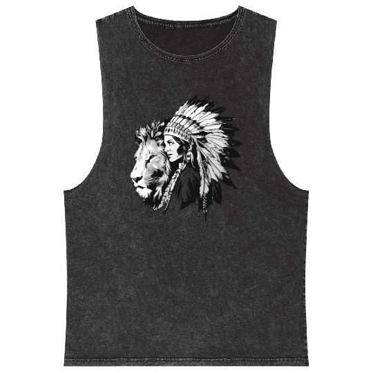 Native American woman and a majestic lion Mineral Wash Tank Tops