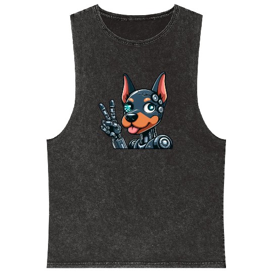 Cyborg Doberman Robot Dog Futuristic Design Mineral Wash Tank Tops