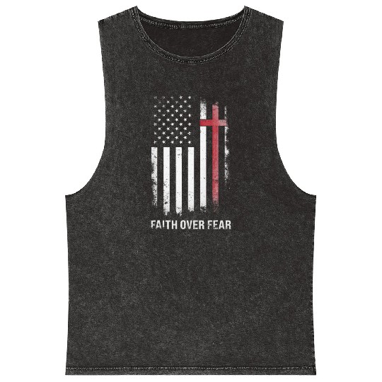 US USA Flag American Faith Over Fear Cross Mineral Wash Tank Tops