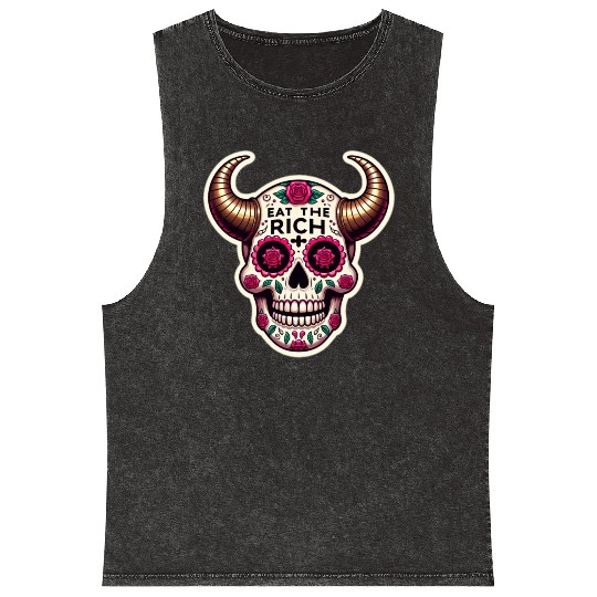 Horned Sugar Skull, eat the rich skull Mineral Wash Tank Tops