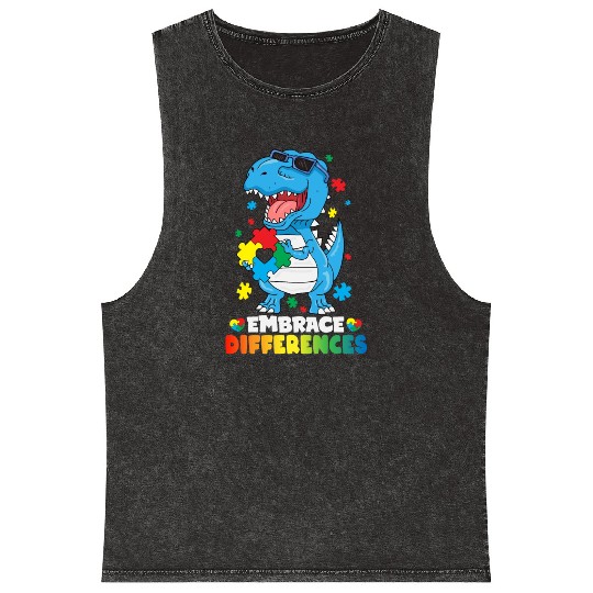 Embrace Differences T Rex Dinosaur Autism Awarenes Mineral Wash Tank Tops