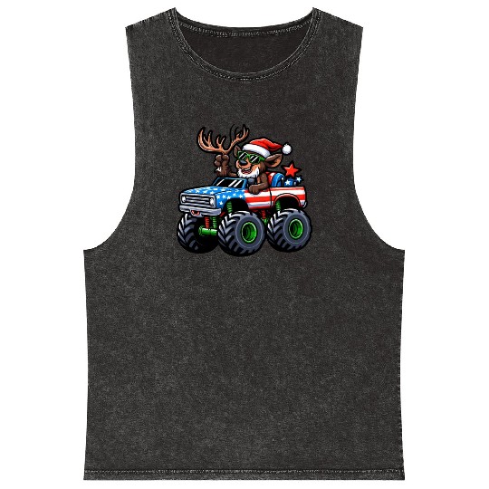 Reindeer Riding Monster Truck 4th Of July Independ Mineral Wash Tank Tops