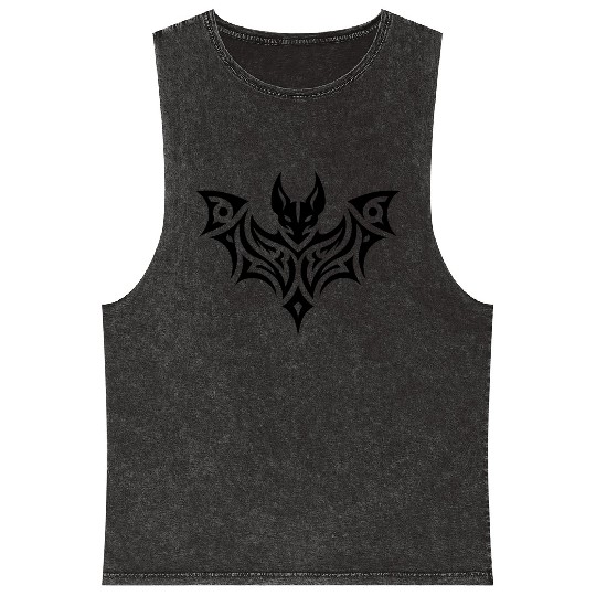 Creepy Tribal Style Bat Tattoo Mineral Wash Tank Tops