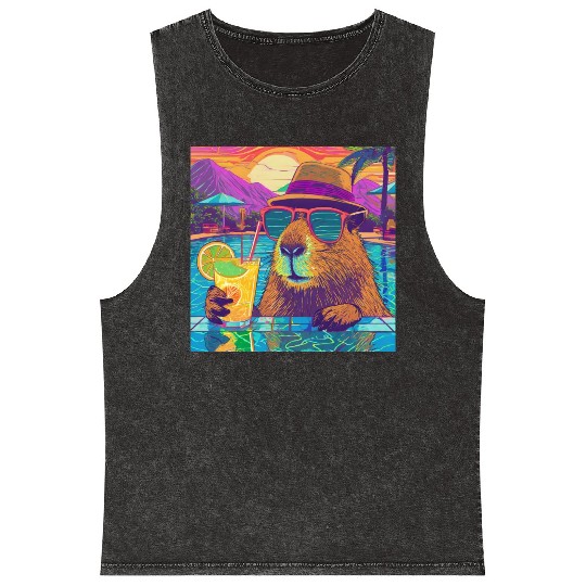 Capybara on vacation sipping on Lemonade Mineral Wash Tank Tops