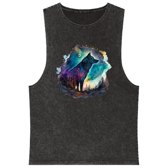 Wolf Print, Cosmic Wolves, Animal Print, Cosmos Mineral Wash Tank Tops
