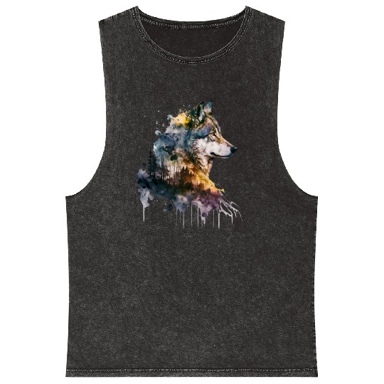 Wolf Print, Cosmic Wolves, Animal Print, Cosmos Mineral Wash Tank Tops