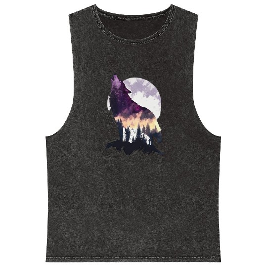 Wolf Print, Cosmic Wolves, Animal Print, Cosmos Mineral Wash Tank Tops