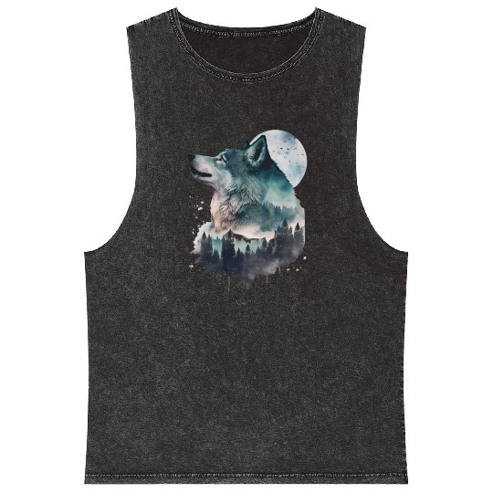 Wolf Print, Cosmic Wolves, Animal Print, Cosmos Mineral Wash Tank Tops