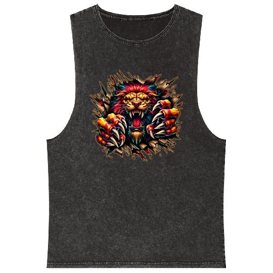 AI Lion Ripping Through Out Mineral Wash Tank Tops