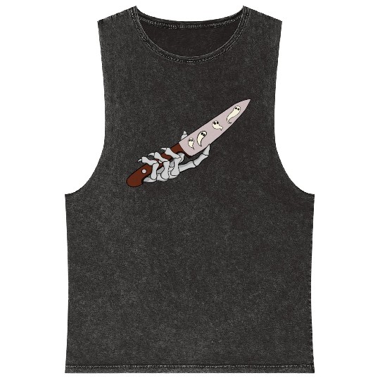 Skeleton Hand with Ghostly Dagger Theme Mineral Wash Tank Tops