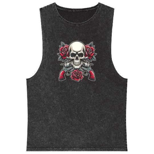 Skeleton Roses Guitar Roses Skull Guns Mineral Wash Tank Tops