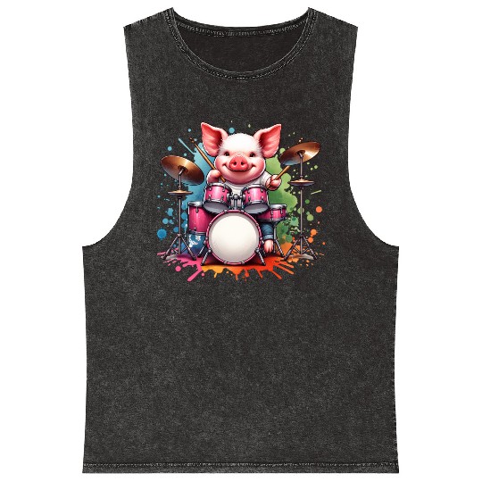 Watercolor Pig Drummer Farm Design Mineral Wash Tank Tops